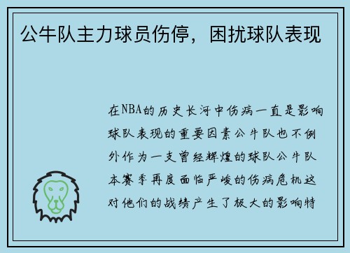 公牛队主力球员伤停，困扰球队表现