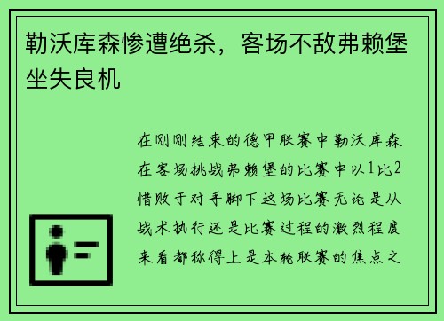 勒沃库森惨遭绝杀，客场不敌弗赖堡坐失良机