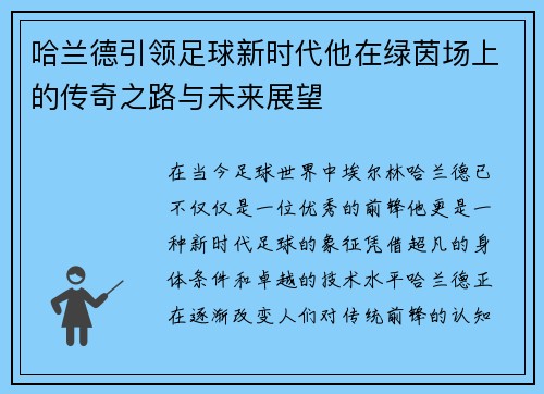哈兰德引领足球新时代他在绿茵场上的传奇之路与未来展望