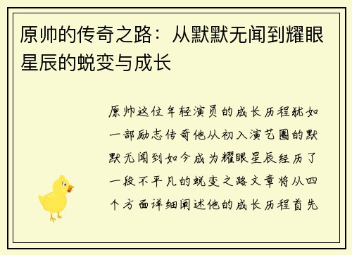 原帅的传奇之路：从默默无闻到耀眼星辰的蜕变与成长