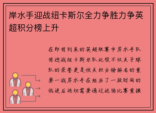 岸水手迎战纽卡斯尔全力争胜力争英超积分榜上升