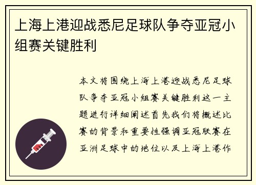 上海上港迎战悉尼足球队争夺亚冠小组赛关键胜利