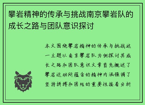 攀岩精神的传承与挑战南京攀岩队的成长之路与团队意识探讨